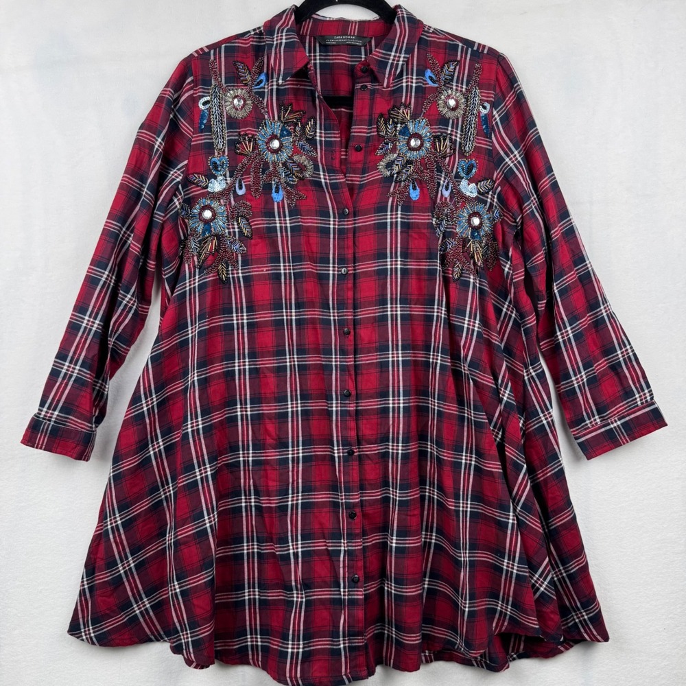 Zara Woman Premium Red Plaid Embellished Button Down Long Sleeve Tunic‎ Top XS